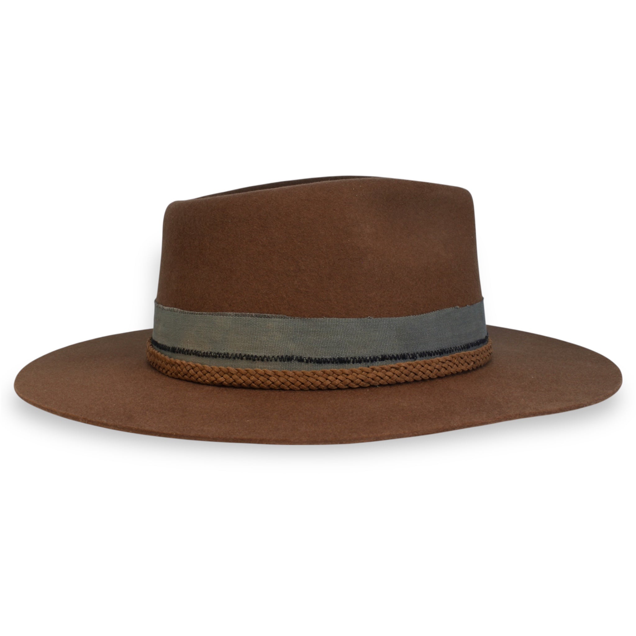 Brown fedora hat made of felt from the opposite side. This side is simple and shows off the textile and hat band.