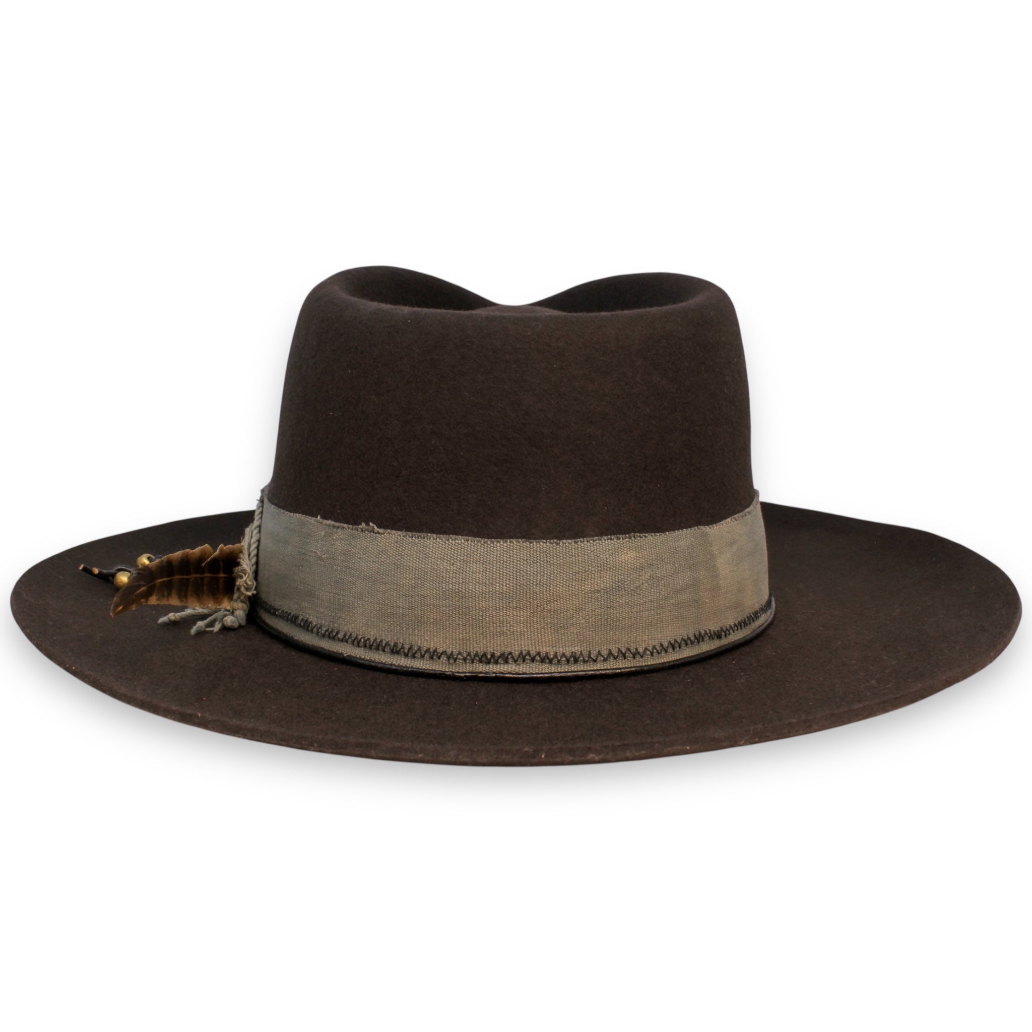 The back view of a charcoal hat showing the simple gray textile band with a black stitched line near the bottom of the crown.