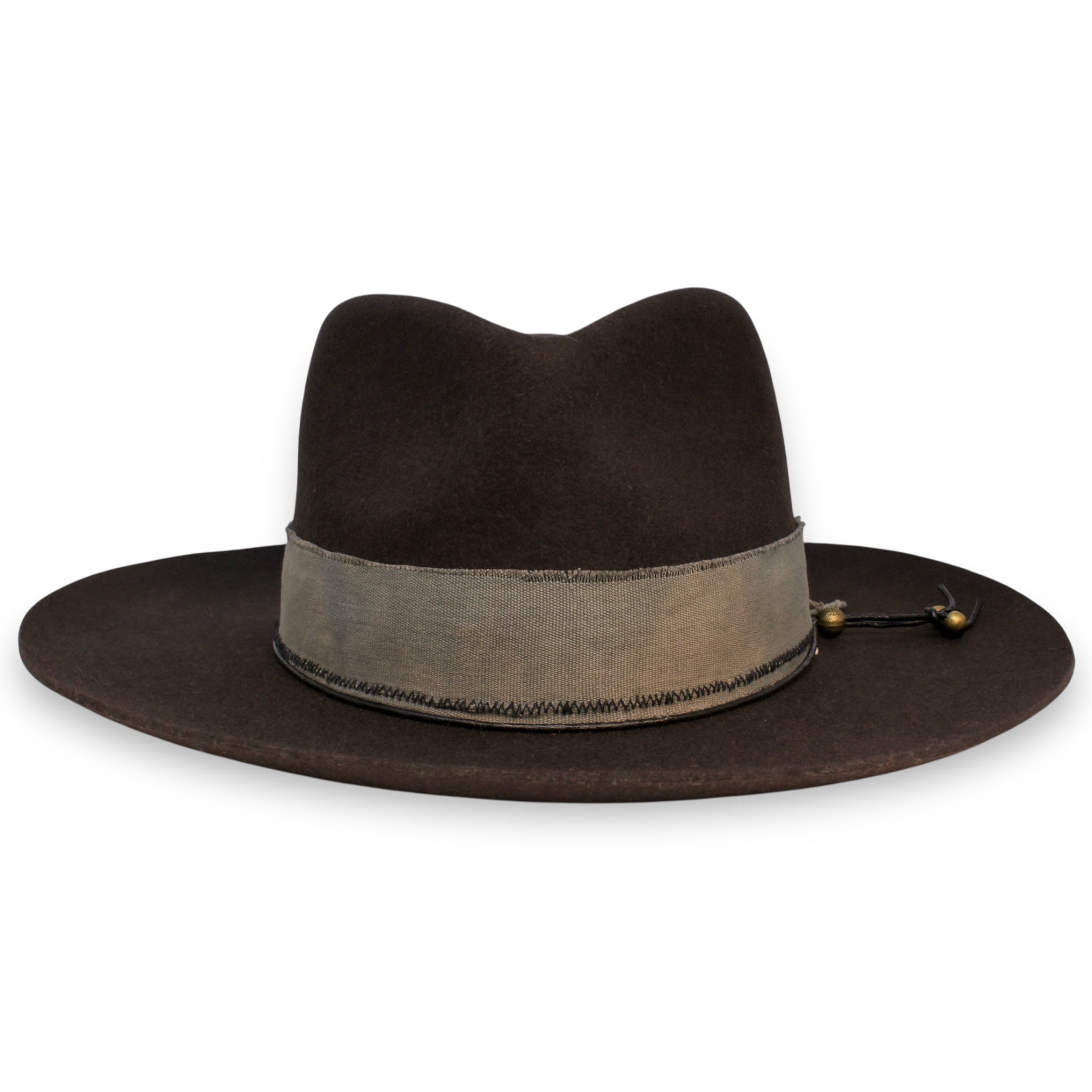 A charcoal fedora with a lifted brim in a charcoal color. The hat is accessorized with a grey textile band and a black hat tie with brass beads.