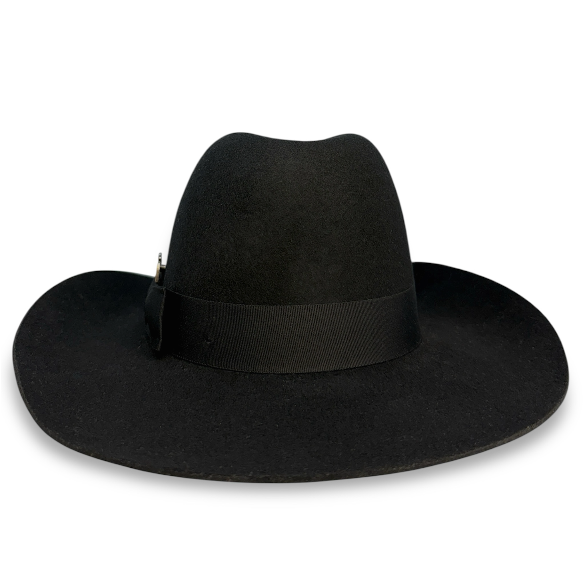 Back view of black felt cowboy hat showing more of the grosgrain band.