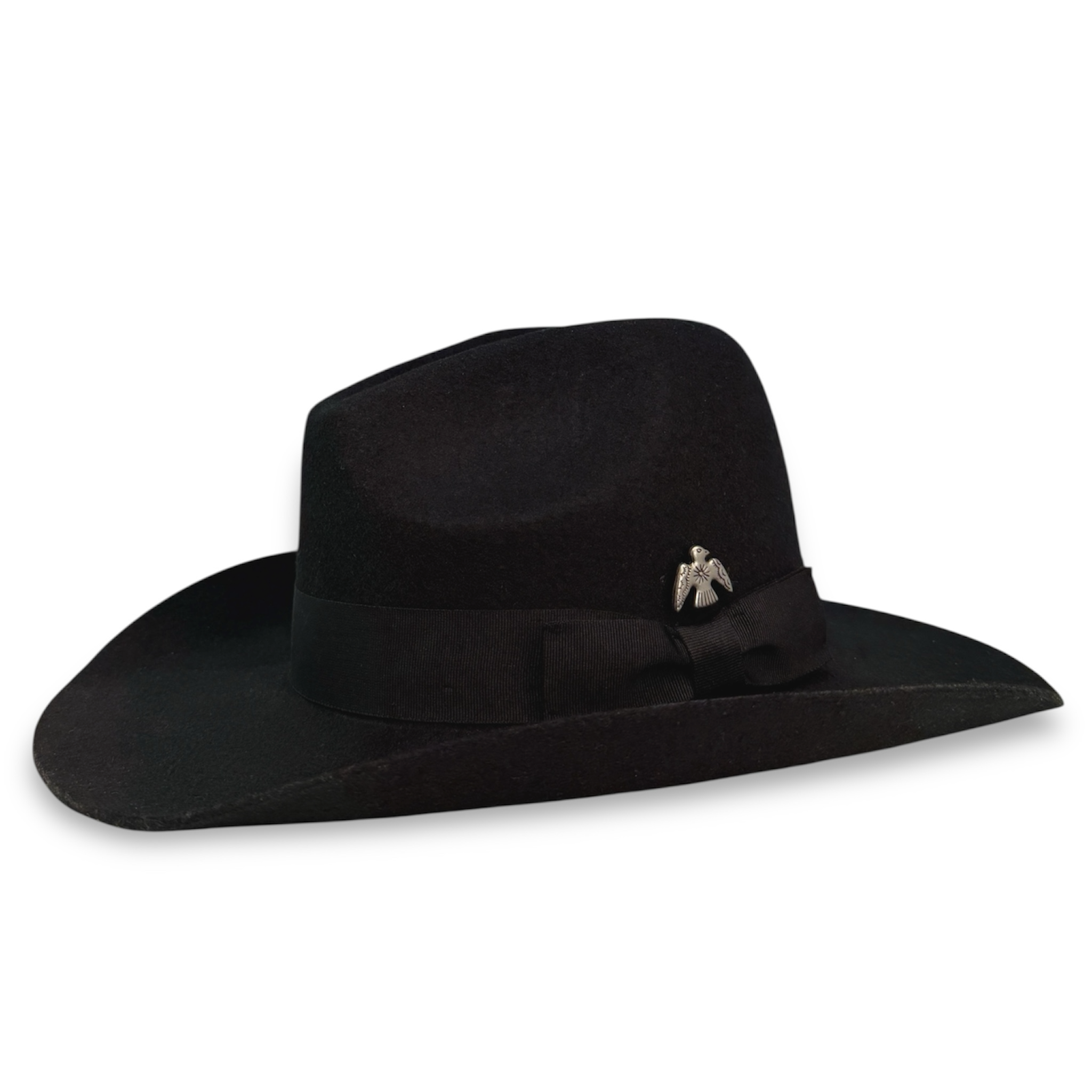 Black gus style cowboy hat with a black grosgrain band, a bow, and a silver thunderbird concha by House of Hatters.