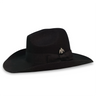 Black gus style cowboy hat with a black grosgrain band, a bow, and a silver thunderbird concha by House of Hatters.