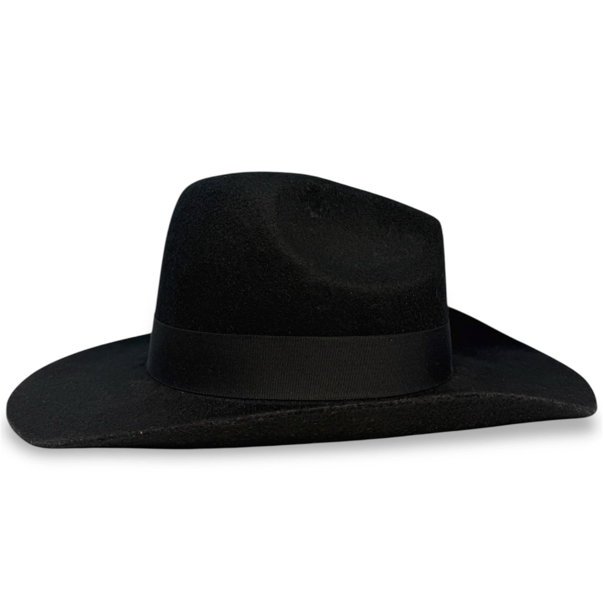 Opposite side view of a handcrafted black cowboy hat showing only the wide grosgrain band.