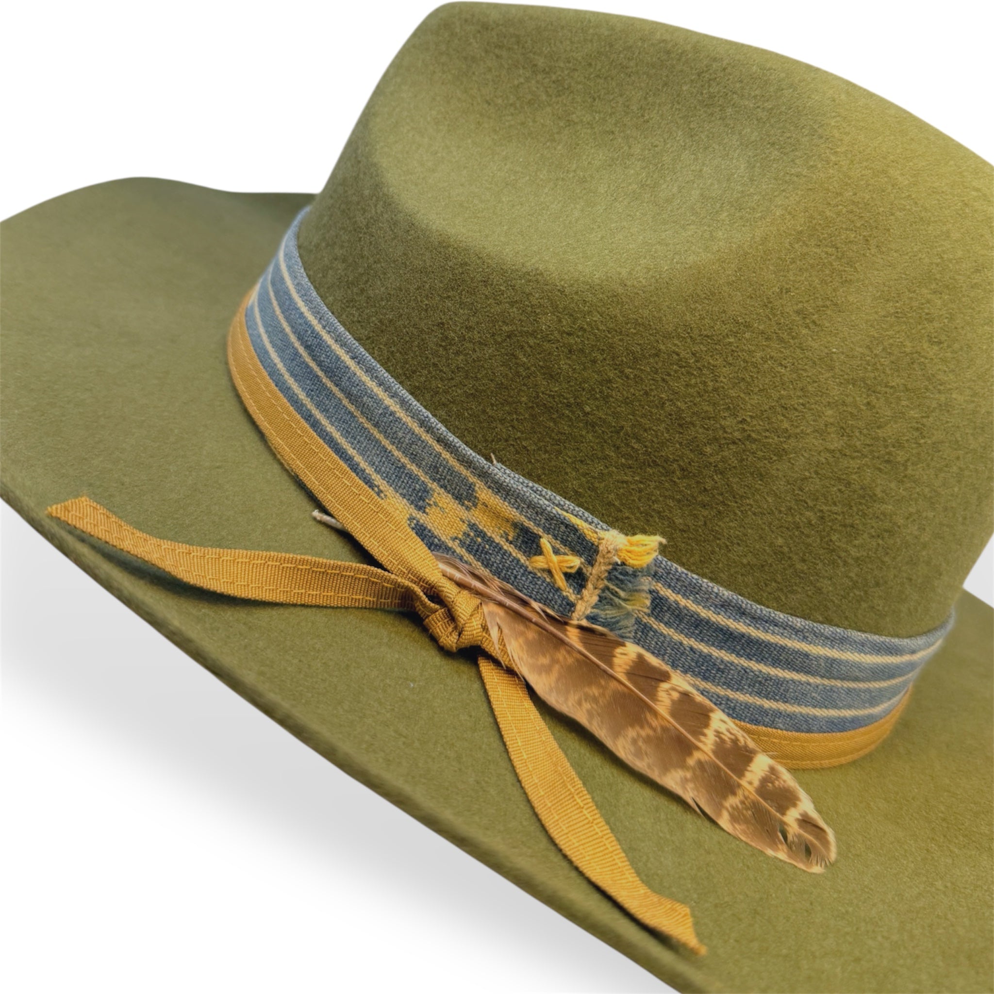 Detailed view of the olive felt hat with a textile band, slim grosgrain band, and a small feather.