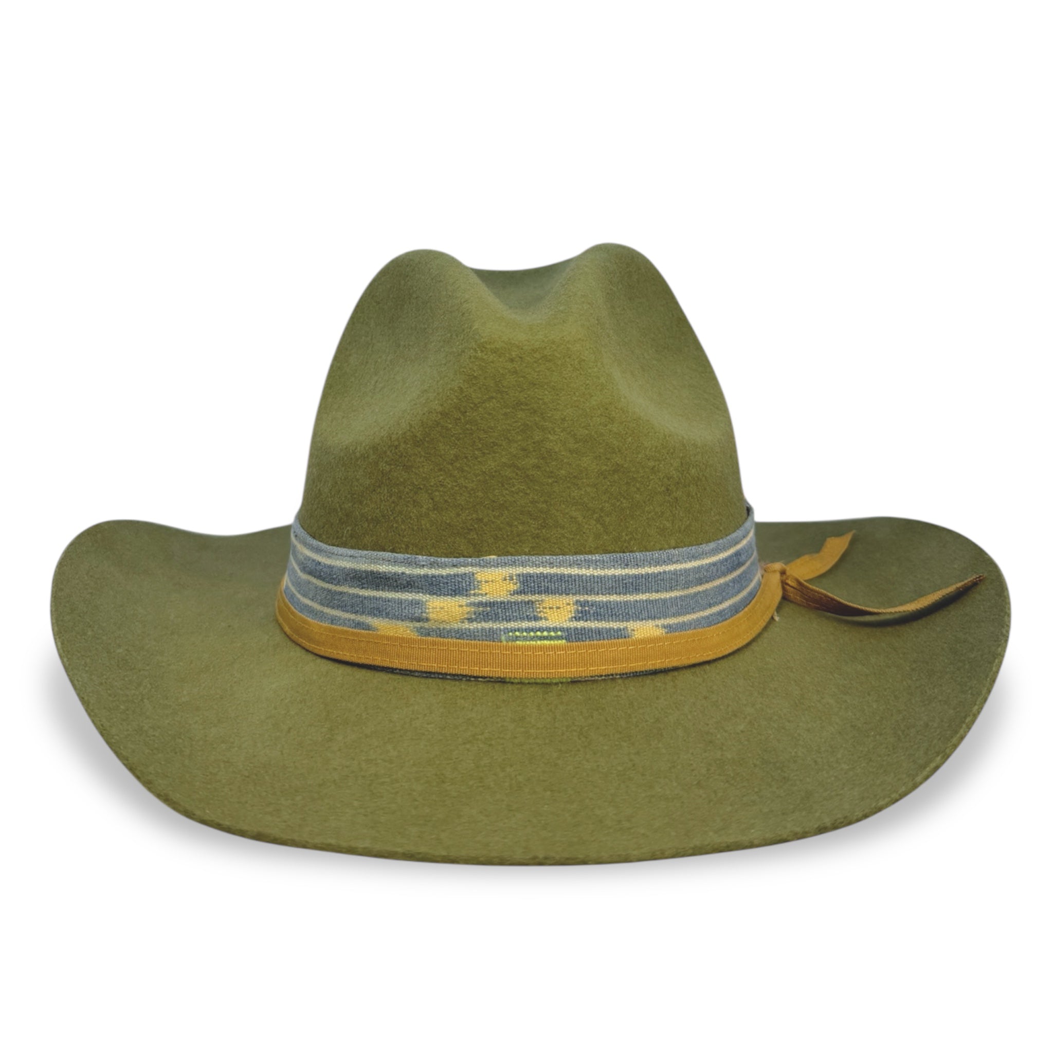 Gus style cowboy hat in olive green with desaturated blue and dark yellow accents viewed from the front.