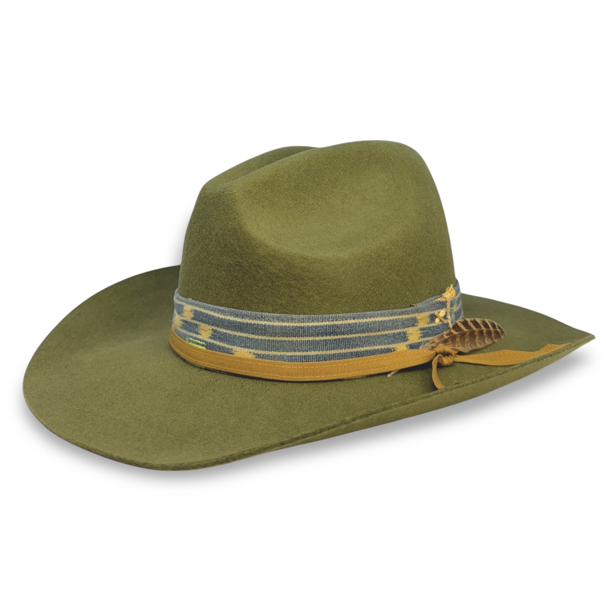Gus style cowboy hat in olive green with textile, a grosgrain band, and a small feather designed by House of Hatters.