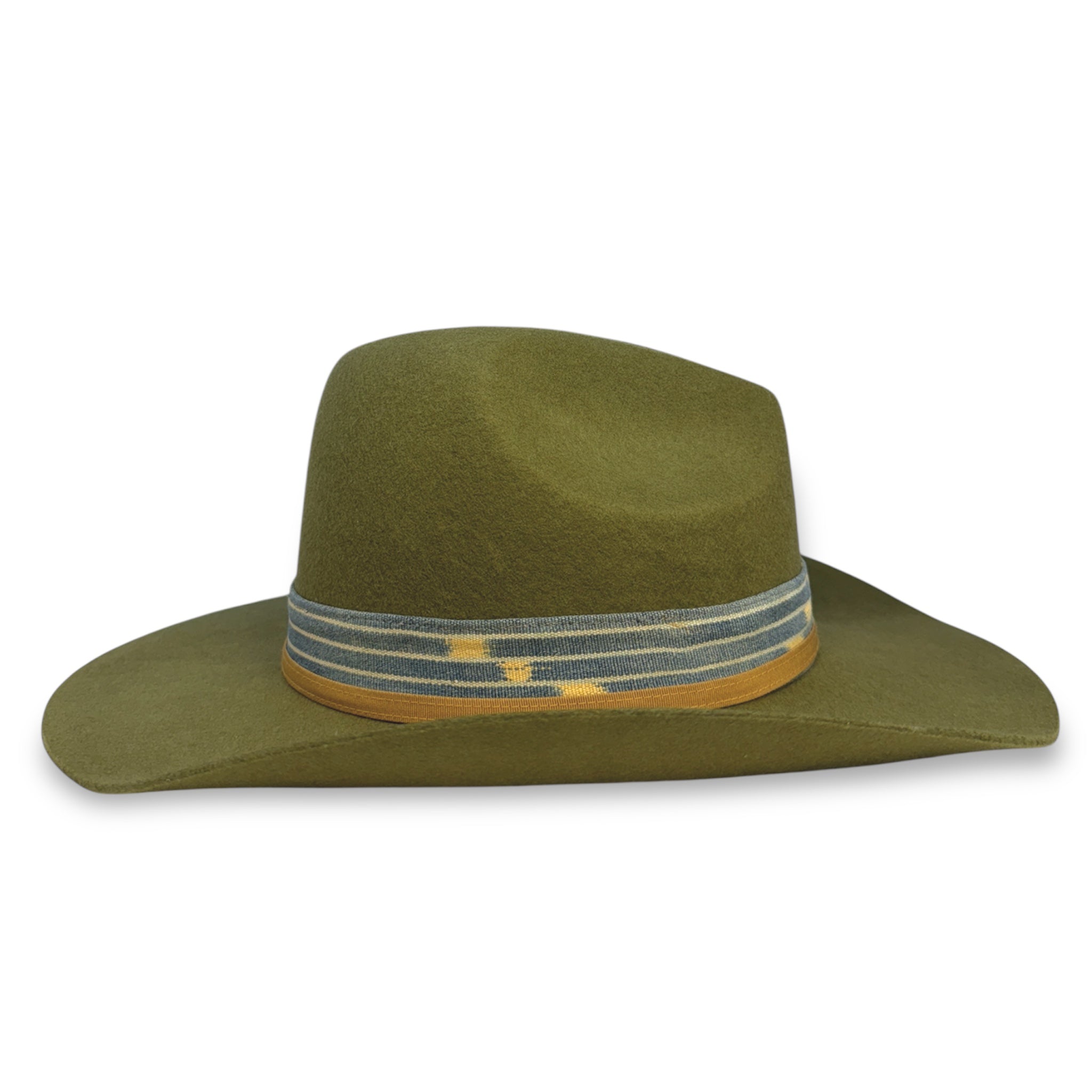 View from the opposite side on the cowboy hat showing the intricate textile detail and thin grosgrain band.