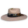 A lavender felt hat with a blue and white textile band, a blue leather hat band, brass beads, and a feather pin designed by House of Hatters.