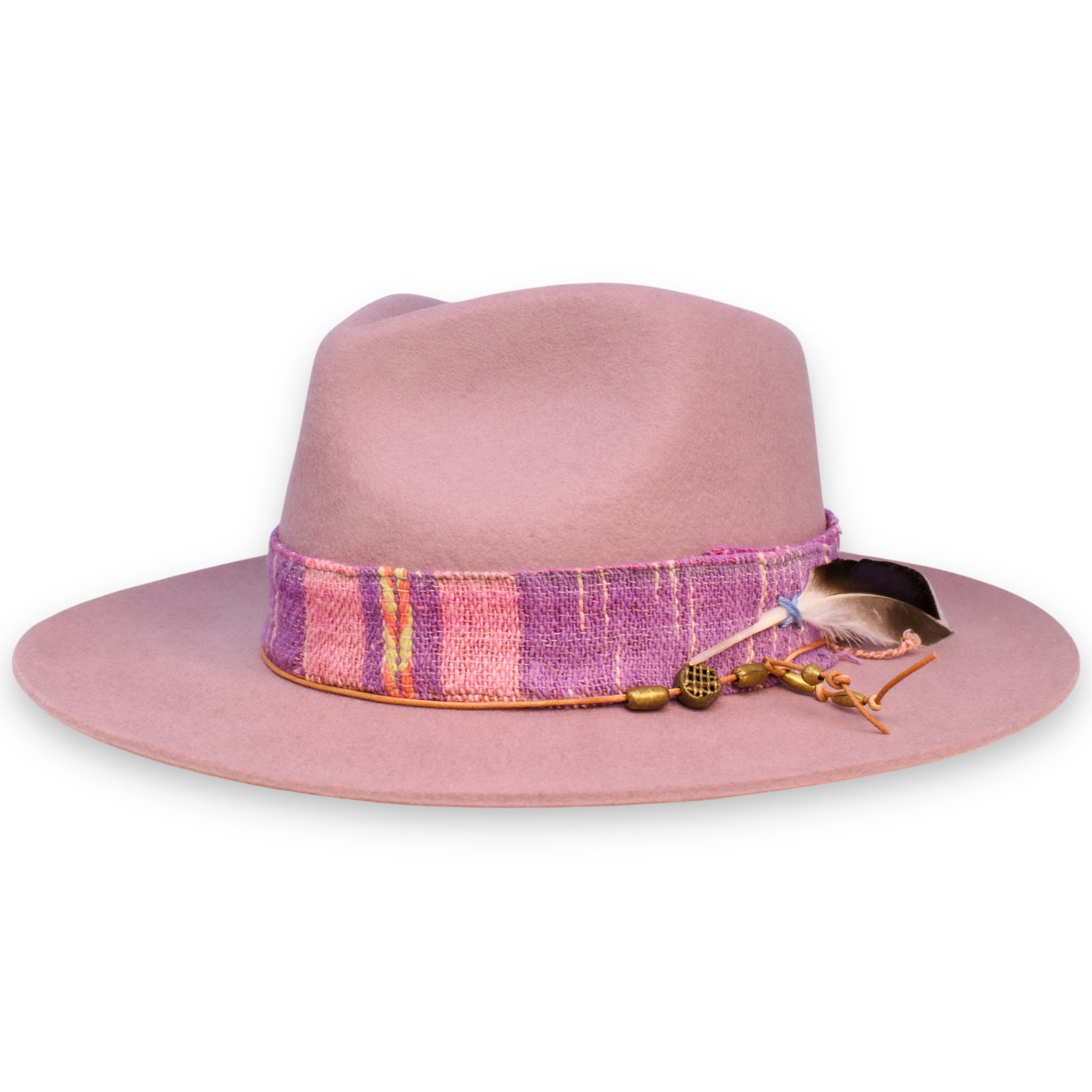 A felt pastel plum hat with a lifted brim, a pink and purple textile band, a hat tie, and a feather designed by House of Hatters.