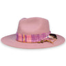 A felt pastel plum hat with a lifted brim, a pink and purple textile band, a hat tie, and a feather designed by House of Hatters.