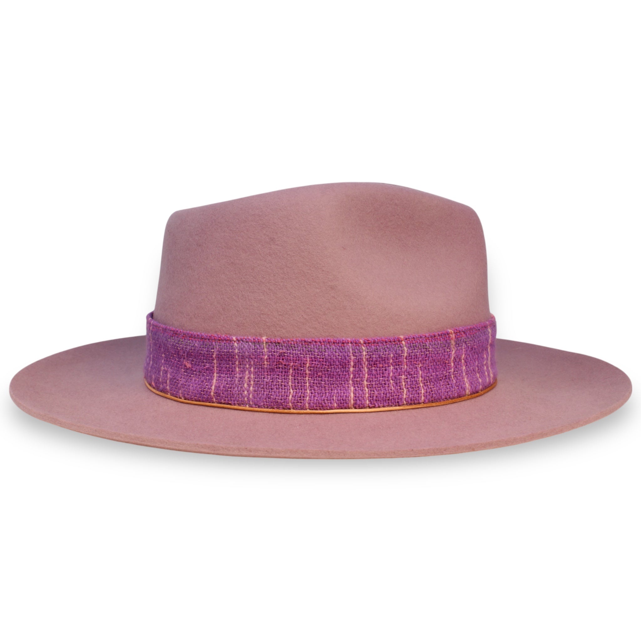 The side view of a lifted brim fedora with a large textile band and a small orange hat tie.