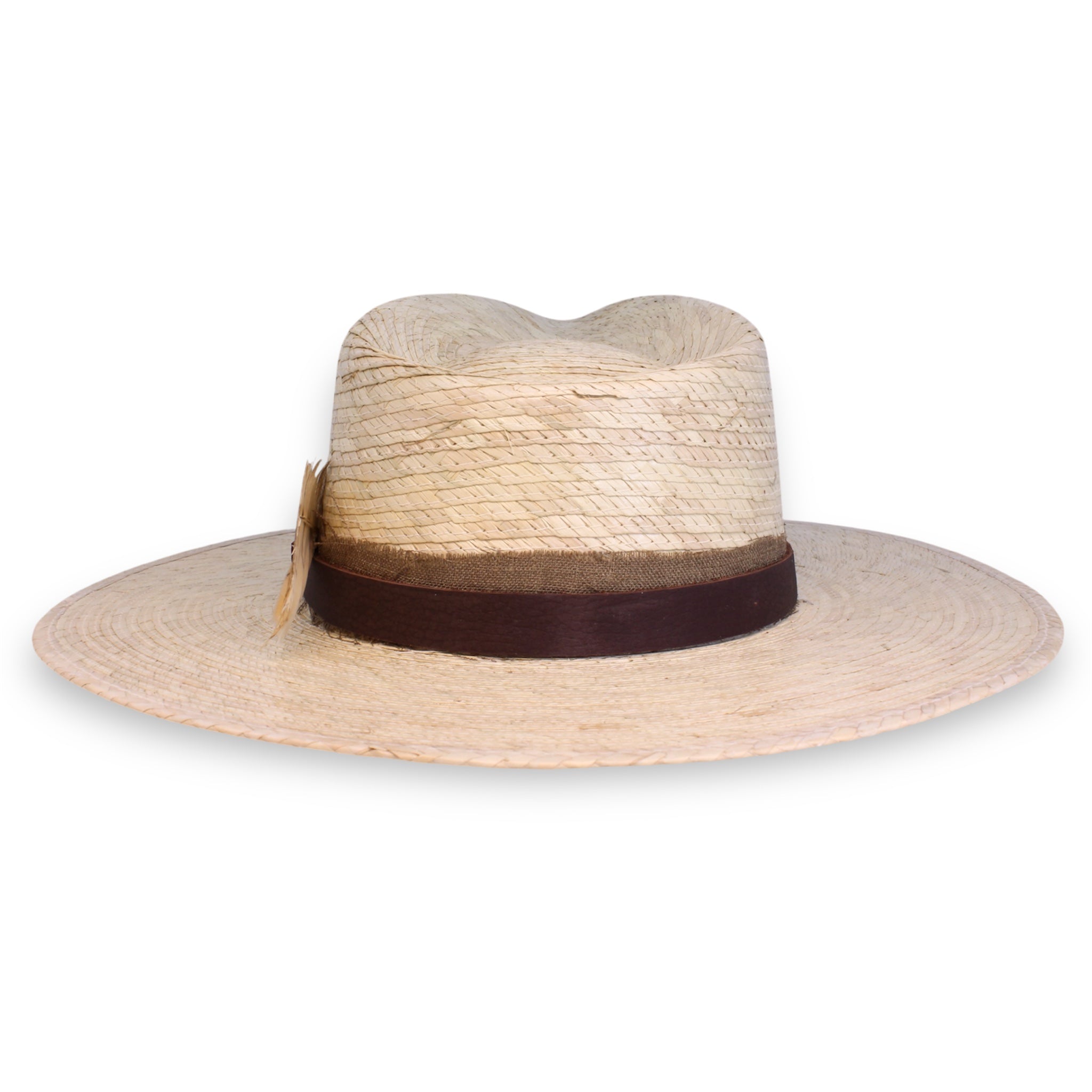 Back view of a palm fedora with a teardrop shape showing the simple accessories.