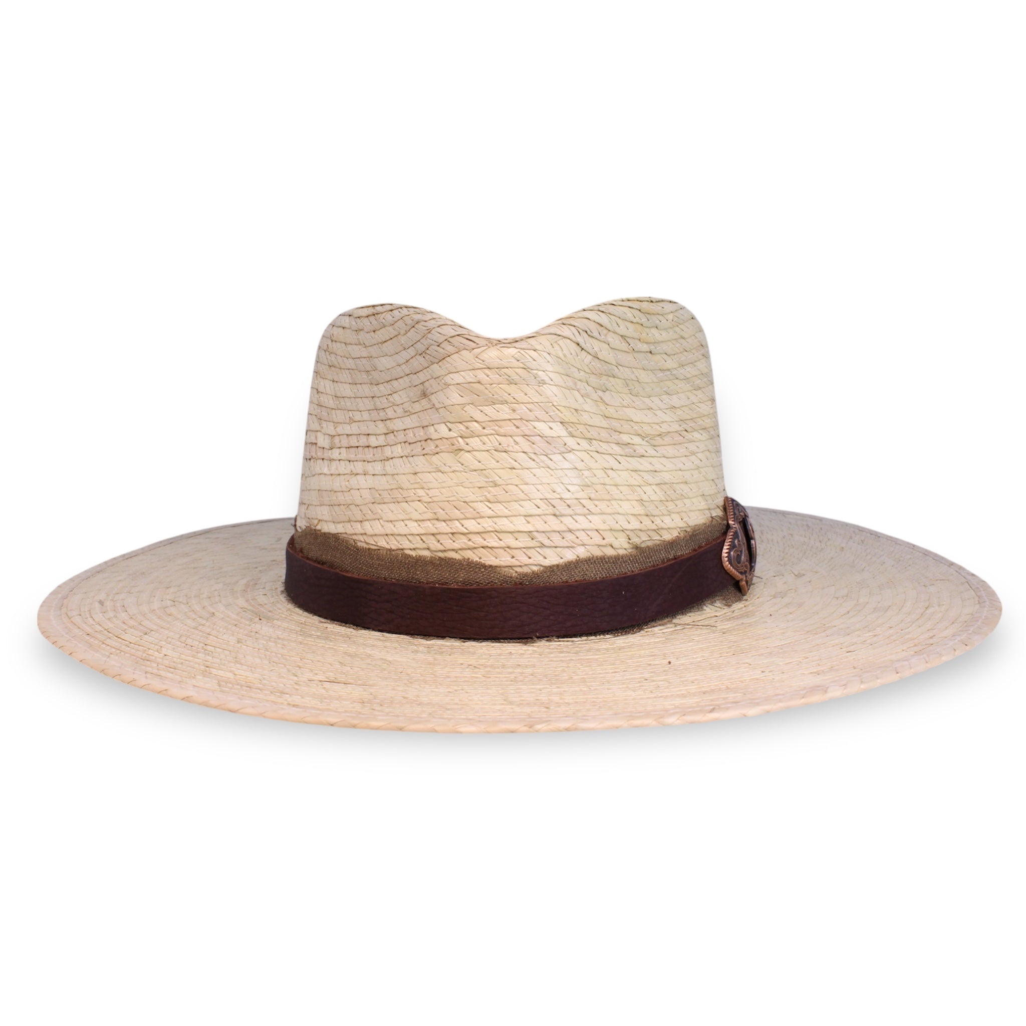 Palm fedora from the front with burlap ribbon and dark chocolate leather band.