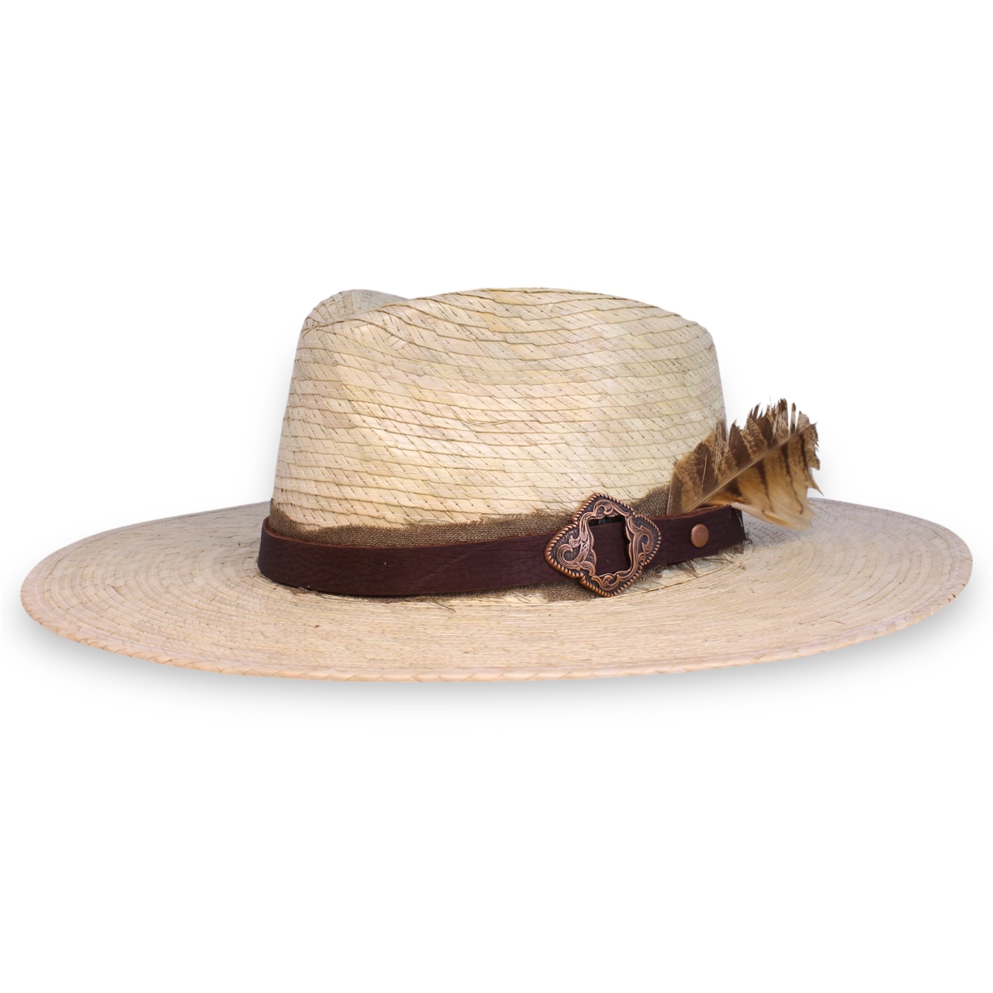 Fedora made of palm with a regular width brim, a dark leather band, burlap ribbon, and a large feather by House of Hatters.