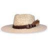 Fedora made of palm with a regular width brim, a dark leather band, burlap ribbon, and a large feather by House of Hatters.