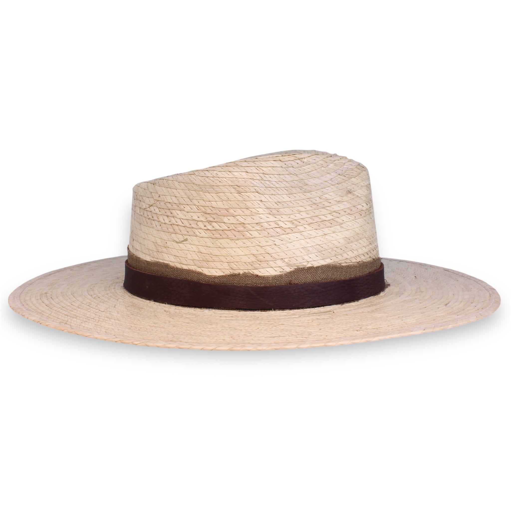 View from the opposing side of the light palm fedora with a flat brim featuring a simple leather band and some burlap fabric.