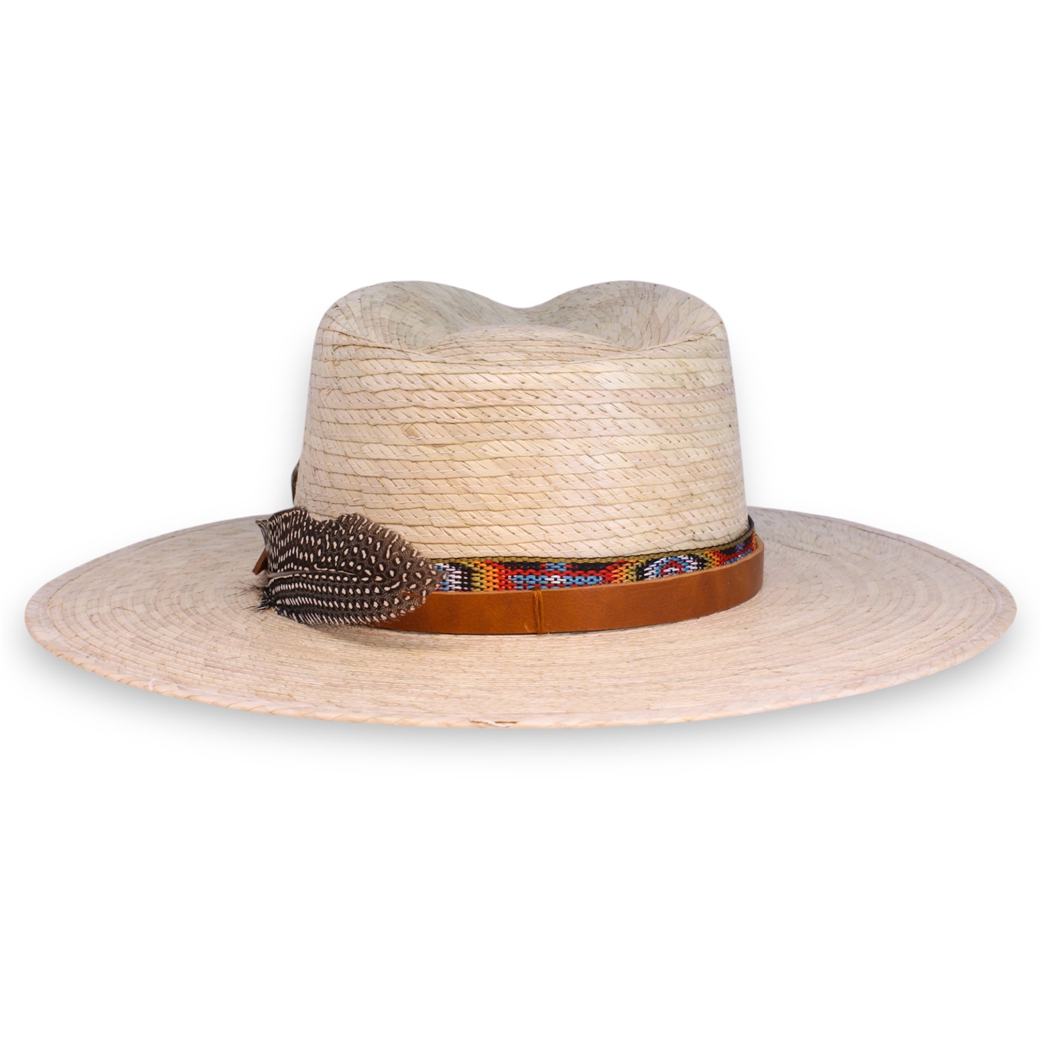 Back view of a palm teardrop crown hat showing the native ribbon, leather band, and feather.