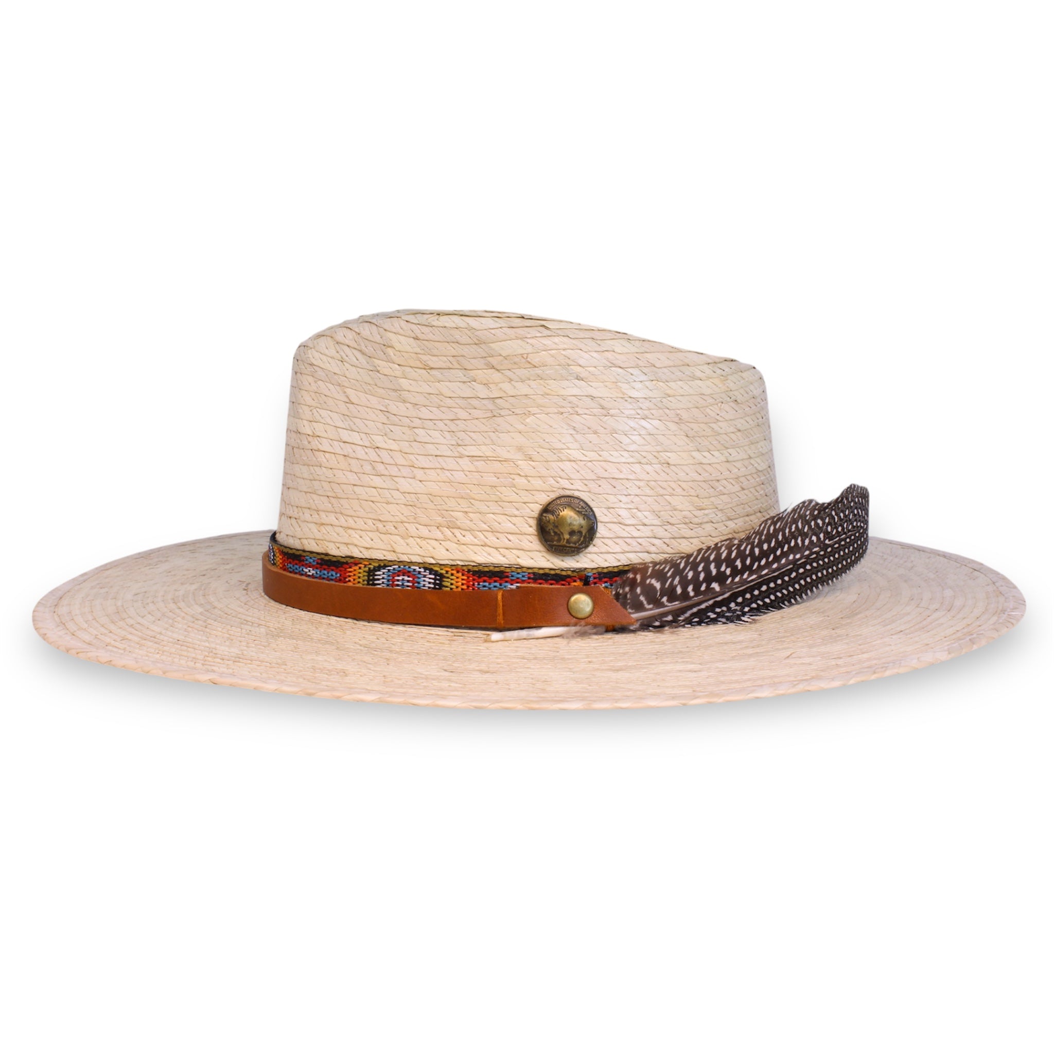 Side view of custom summer fedora showing regular width brim, leather strap, large feather, and brass buffalo coin.