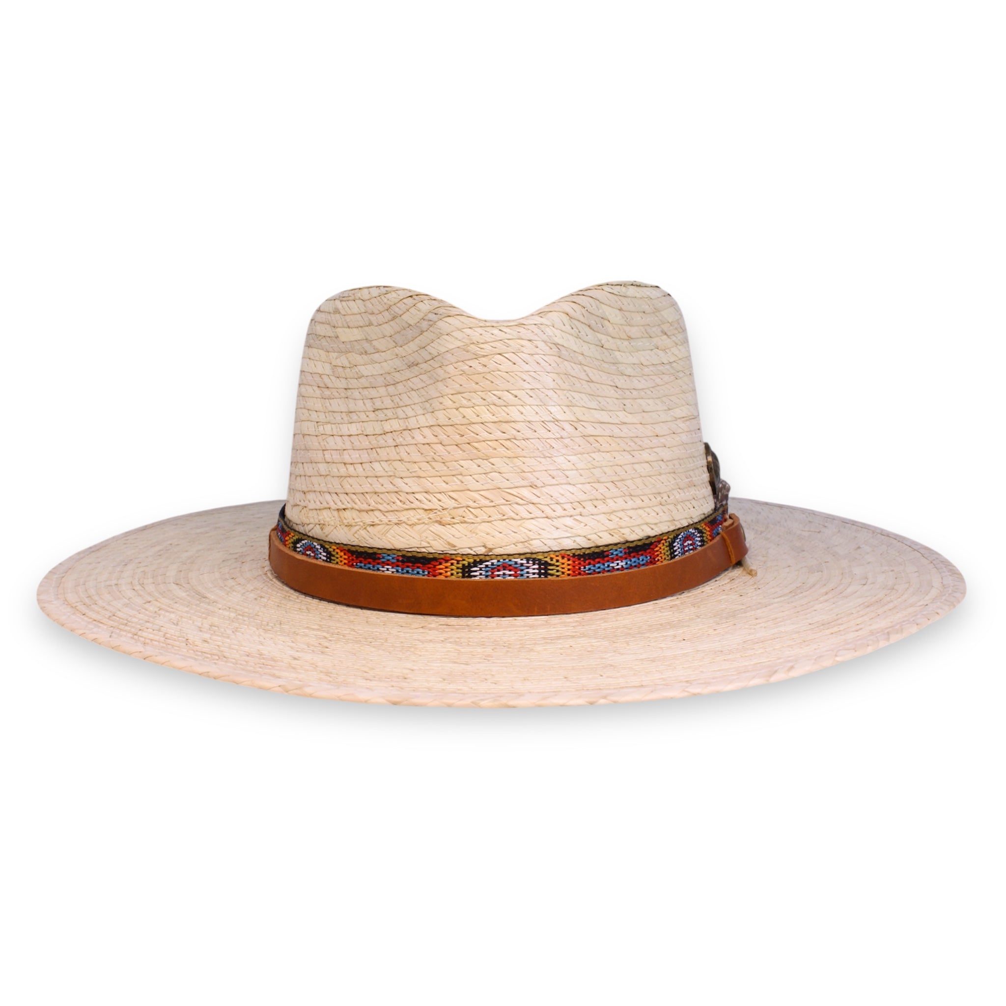 Front pinch palm fedora with leather hat band and an indigenous style fabric ribbon.