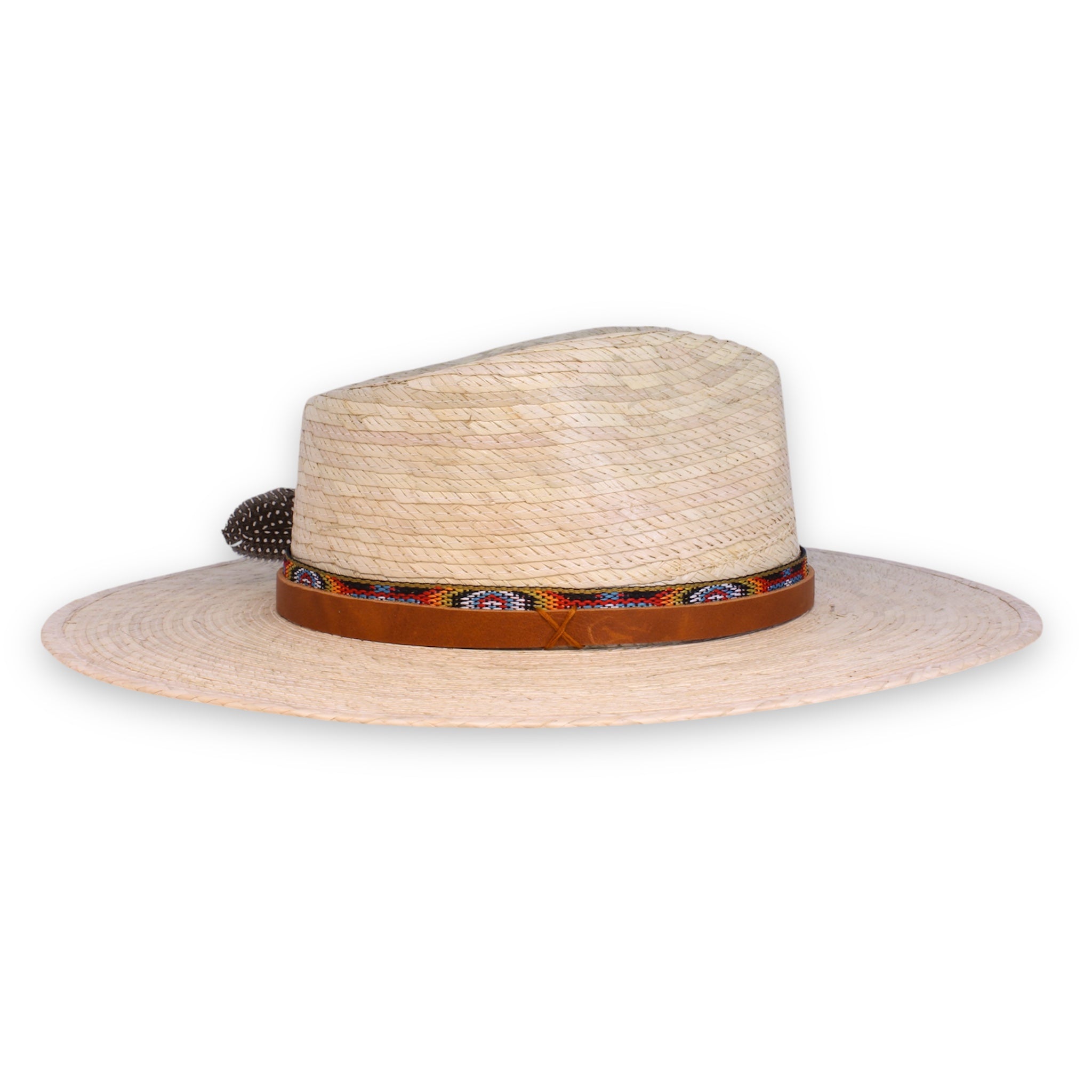 Opposite side view of a designed light palm fedora with a flat brim. This side is much simpler, showing off the native ribbon and leather hat band.