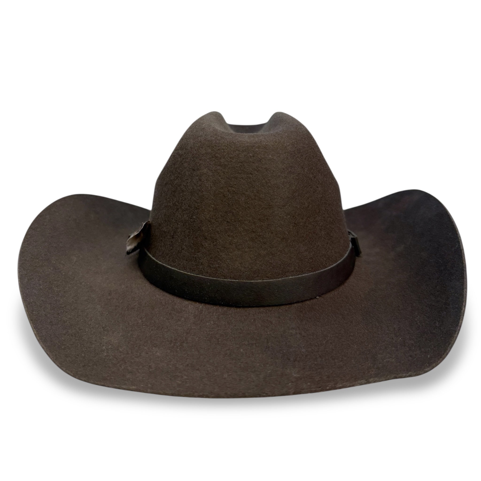 Back view of a charcoal felt western hat showing the curvature of the wings and the hat band.