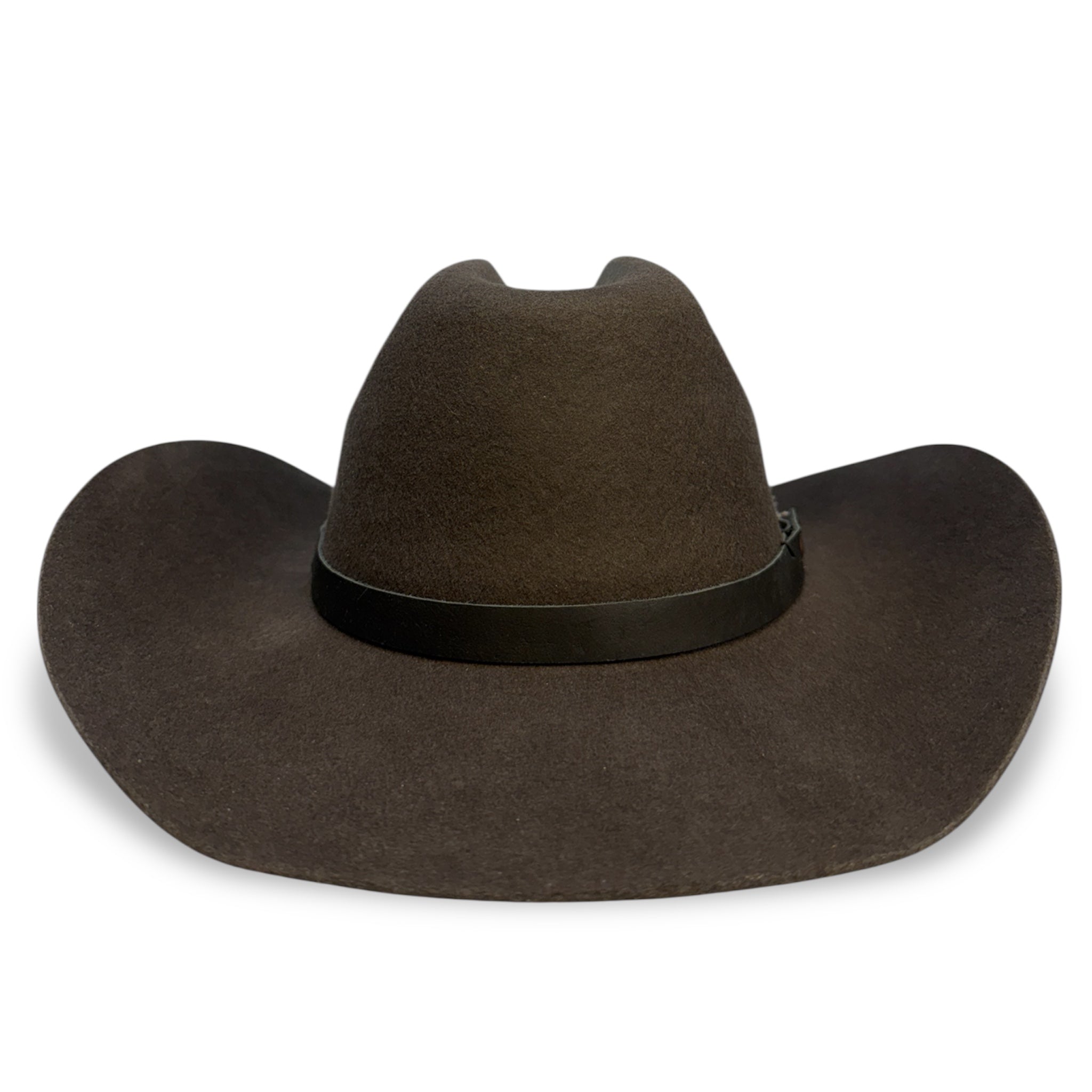 Front view of charcoal cattleman crown cowboy hat with black leather hat band.
