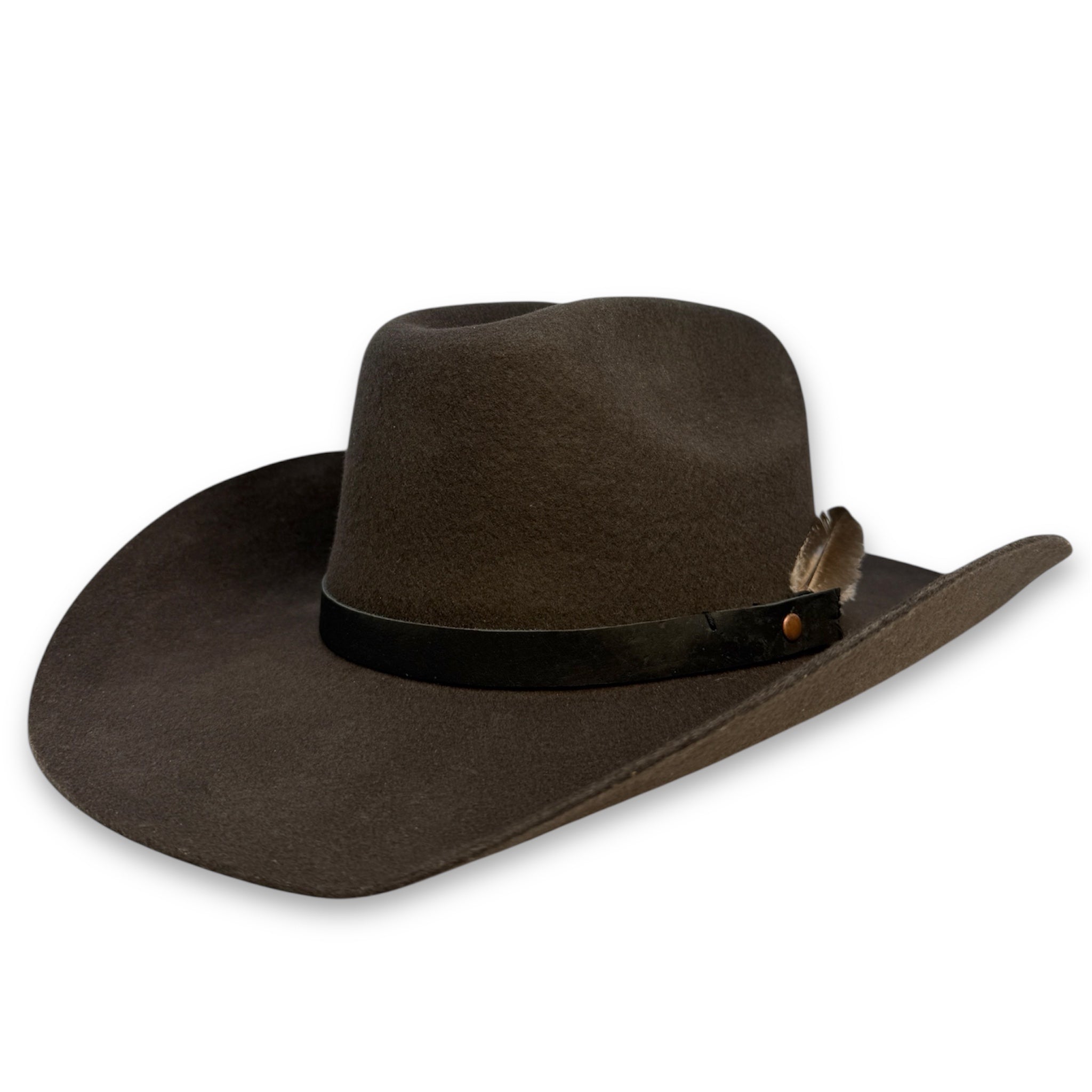 Charcoal cowboy hat with a leather hat band and small feather crafted by House of Hatters.
