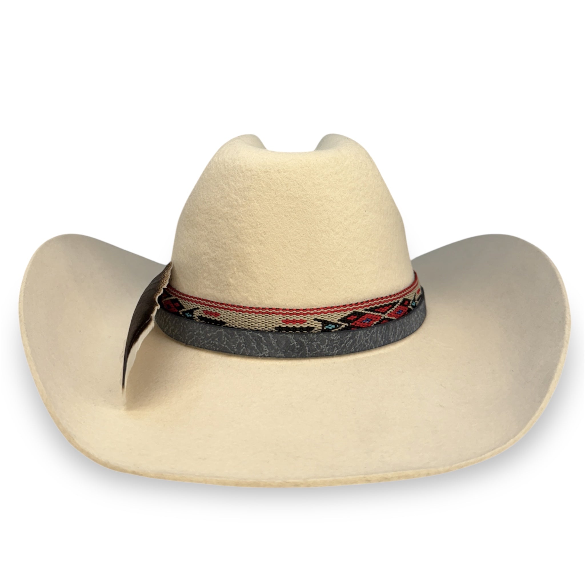 Back view of a beige felt cowboy hat showing more of the native ribbon and blue leather hat band.