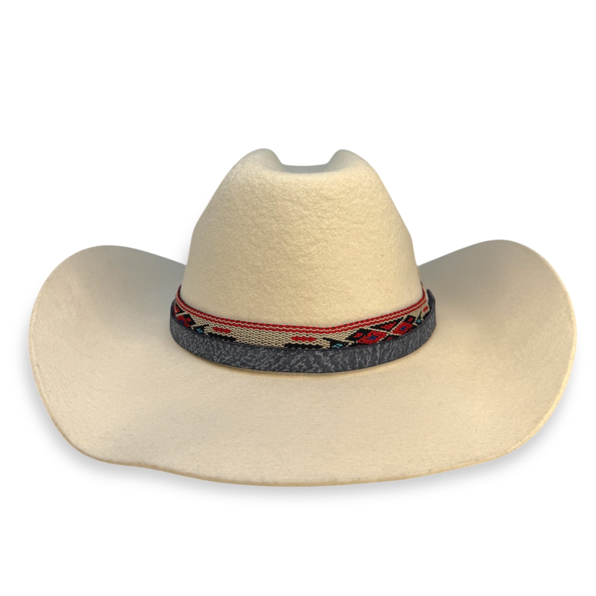 Front view of beige cattleman crown cowboy hat with leather hat band and an indigenous style fabric ribbon.