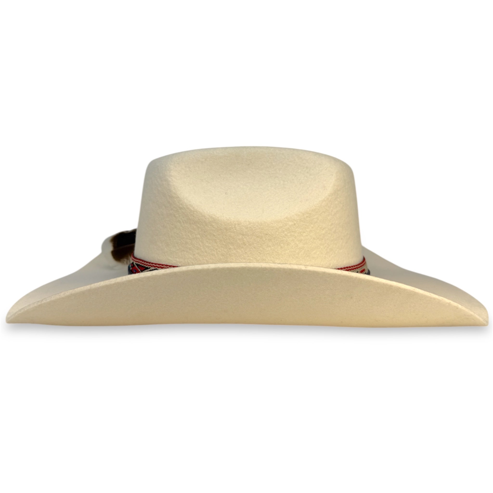 Opposite side view of a handcrafted beige cowboy hat.