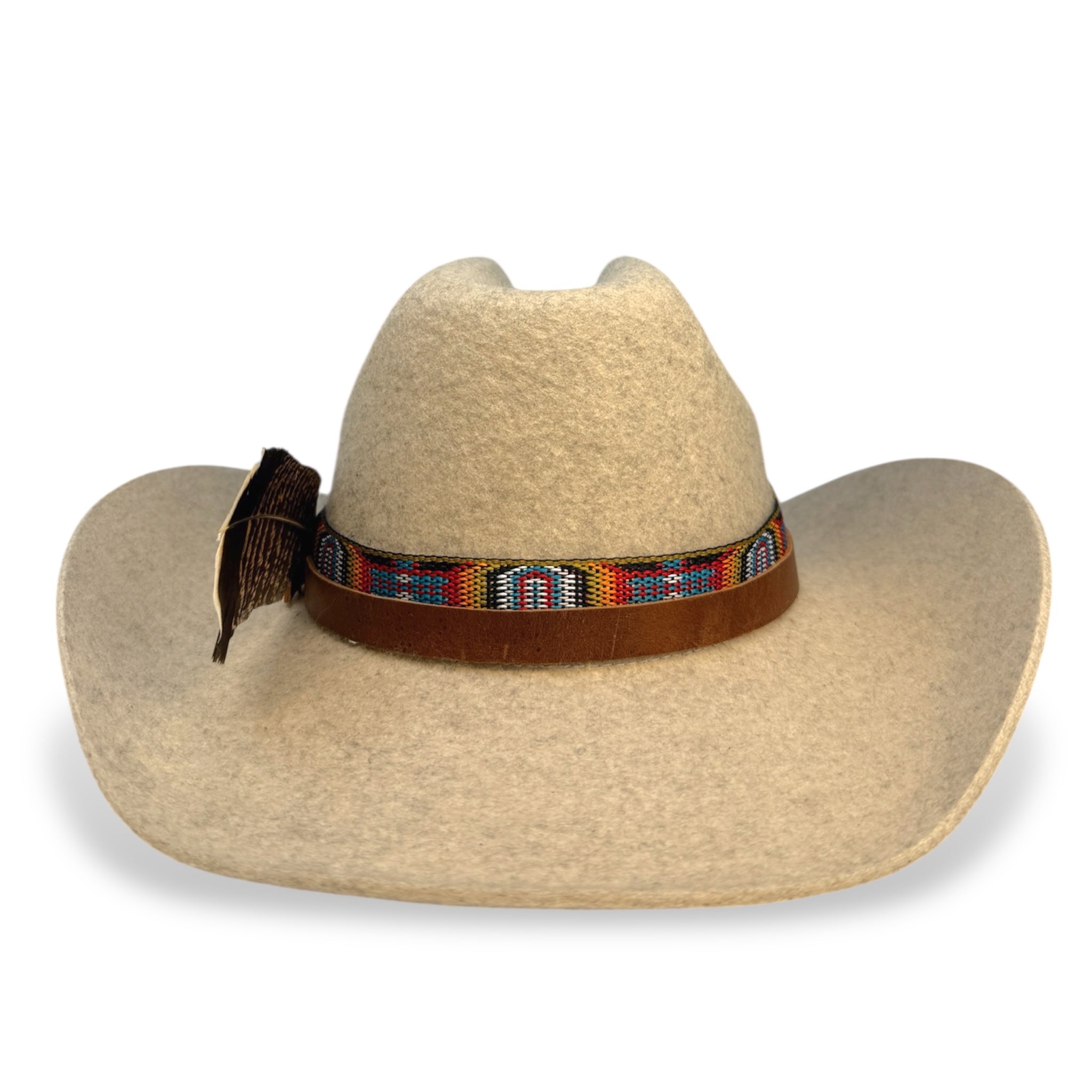 Back view of a light gray-tan felt cowboy hat showing more of the native inspired ribbon and hat band.