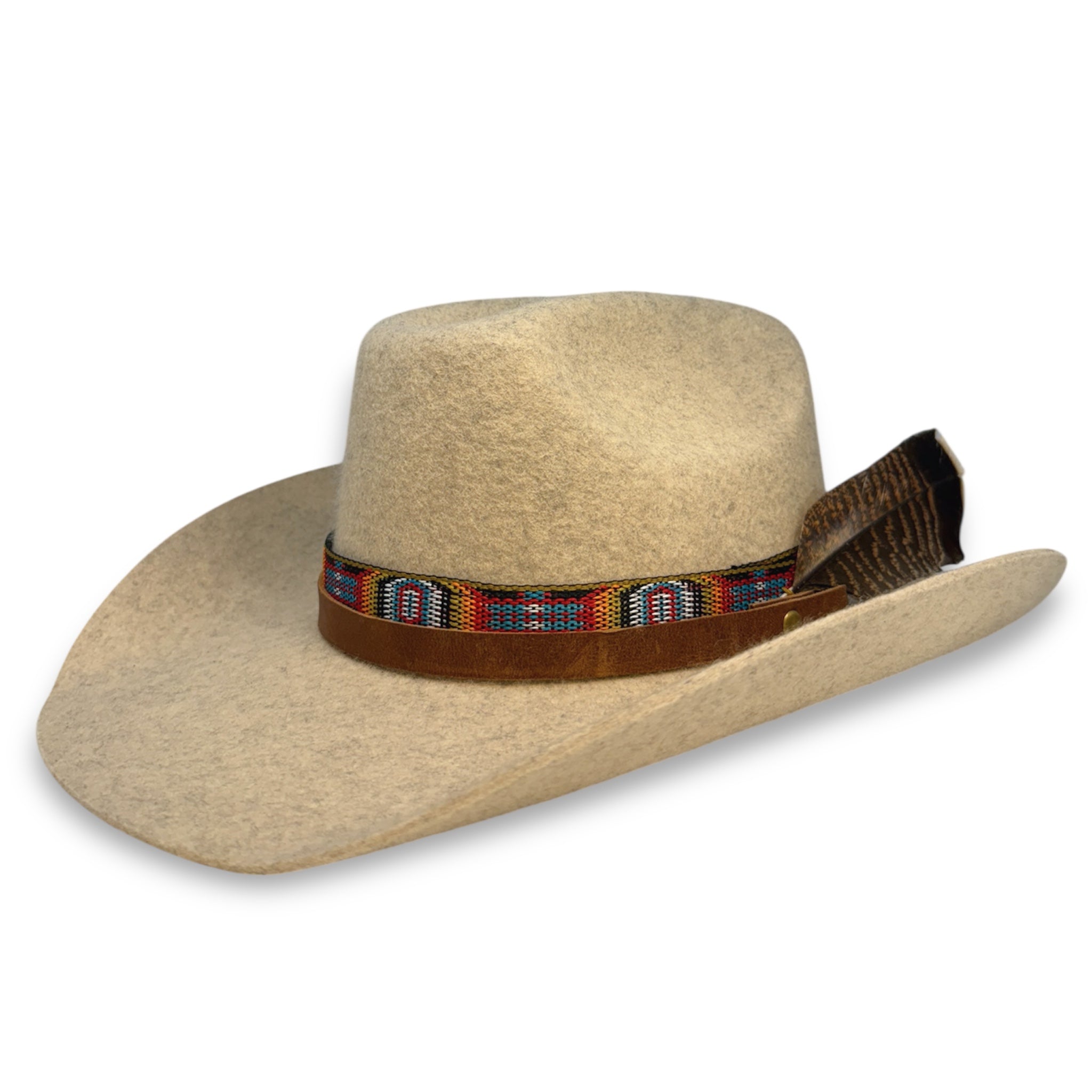 An oatmeal colored cowboy hat with a tanned leather hat band, multicolored ribbon band, and a large turkey feather made by House of Hatters.