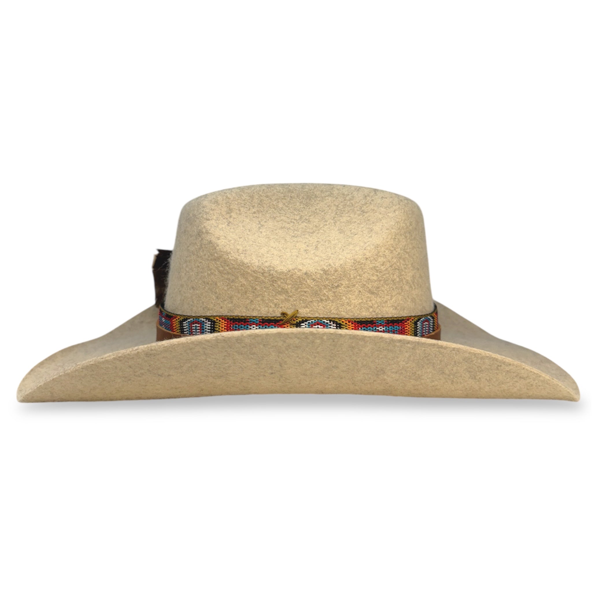 Opposite side view of an oatmeal cowboy hat showing the x stitch that secures the materials in place.