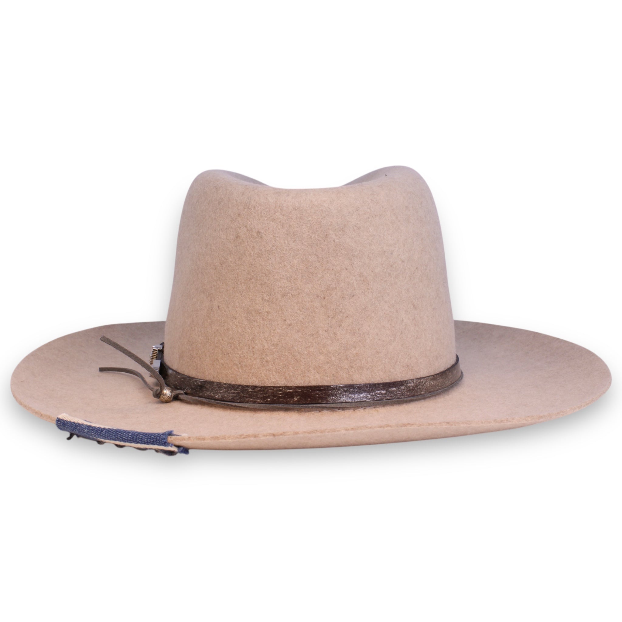 An tan-gray felt fedora with a blue and white textile patch on the back of the hat.