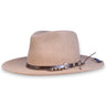 An oatmeal colored hat with a leather hat band, silver beads, and a textile patch designed by House of Hatters.