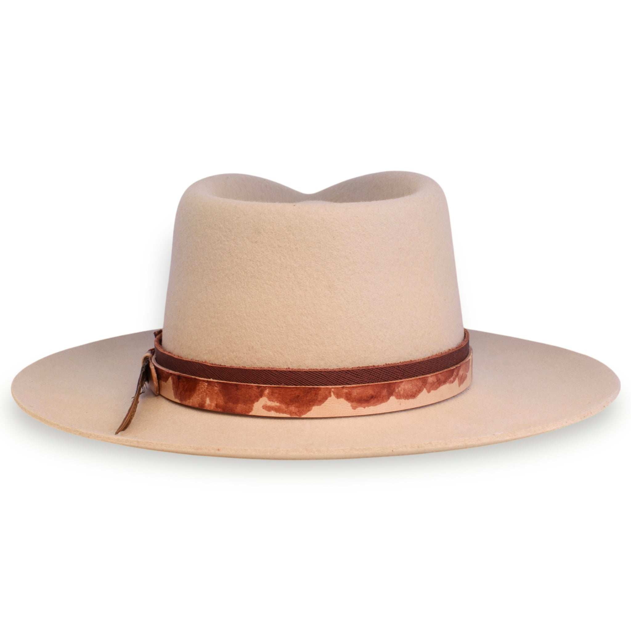 A cream colored fedora with a red leather band and a second red and beige band.