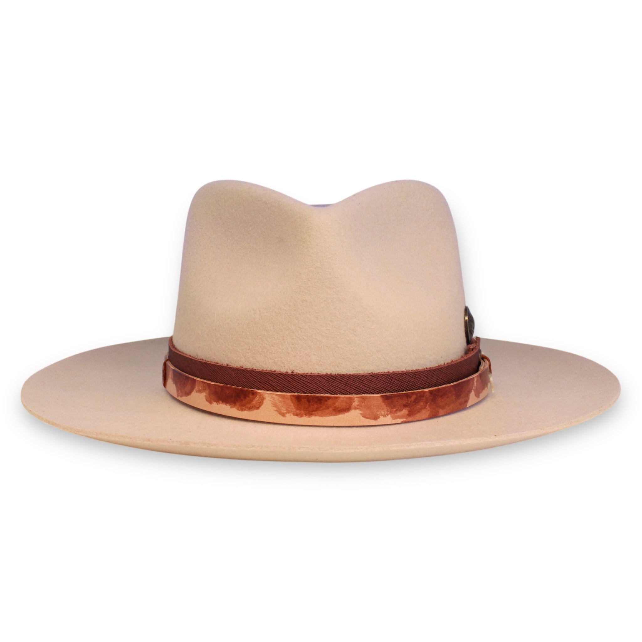 Front view of a light tan fedora with a dark red leather band and a second cream and red leather band.