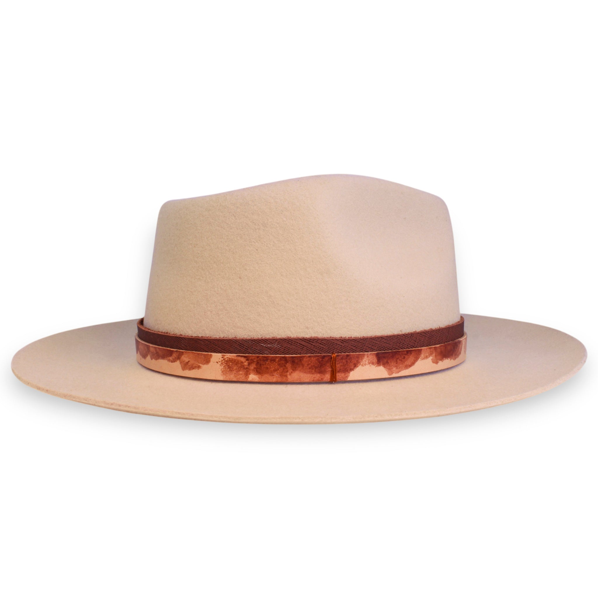 The side view showing the design of the two red leather bands and the front pinch of the hat.