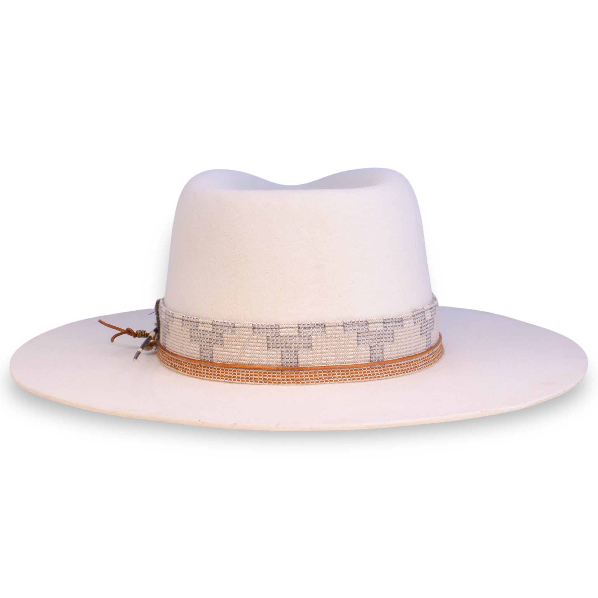 The back view of the fedora showing the textile band with a white and orange design.