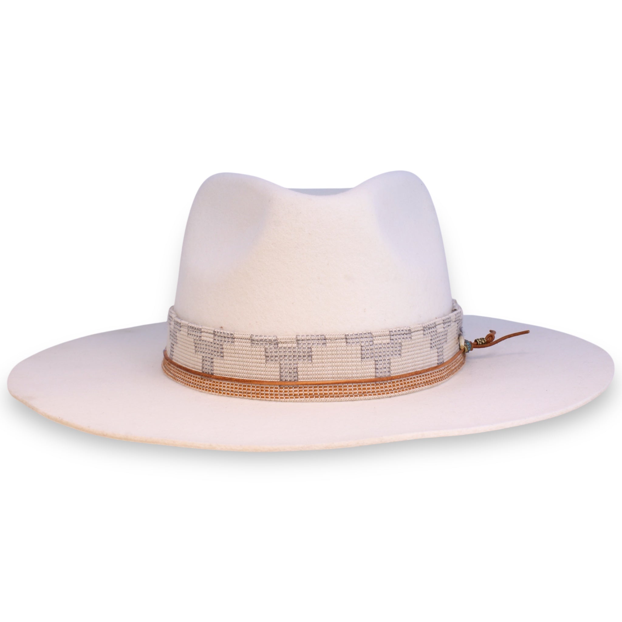 The front view of a white wide pinch fedora with a white and orange textile and an orange hat tie.