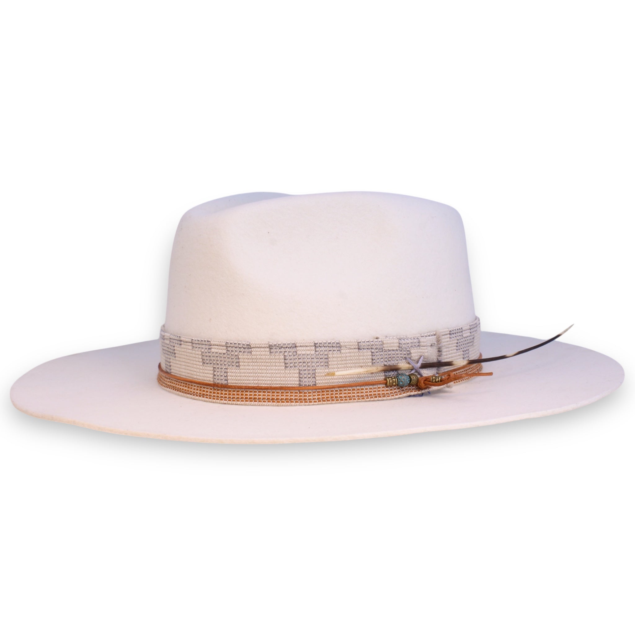 White flat brim fedora with a wide pinch, textile band, hat tie, and porcupine quill made by House of Hatters.