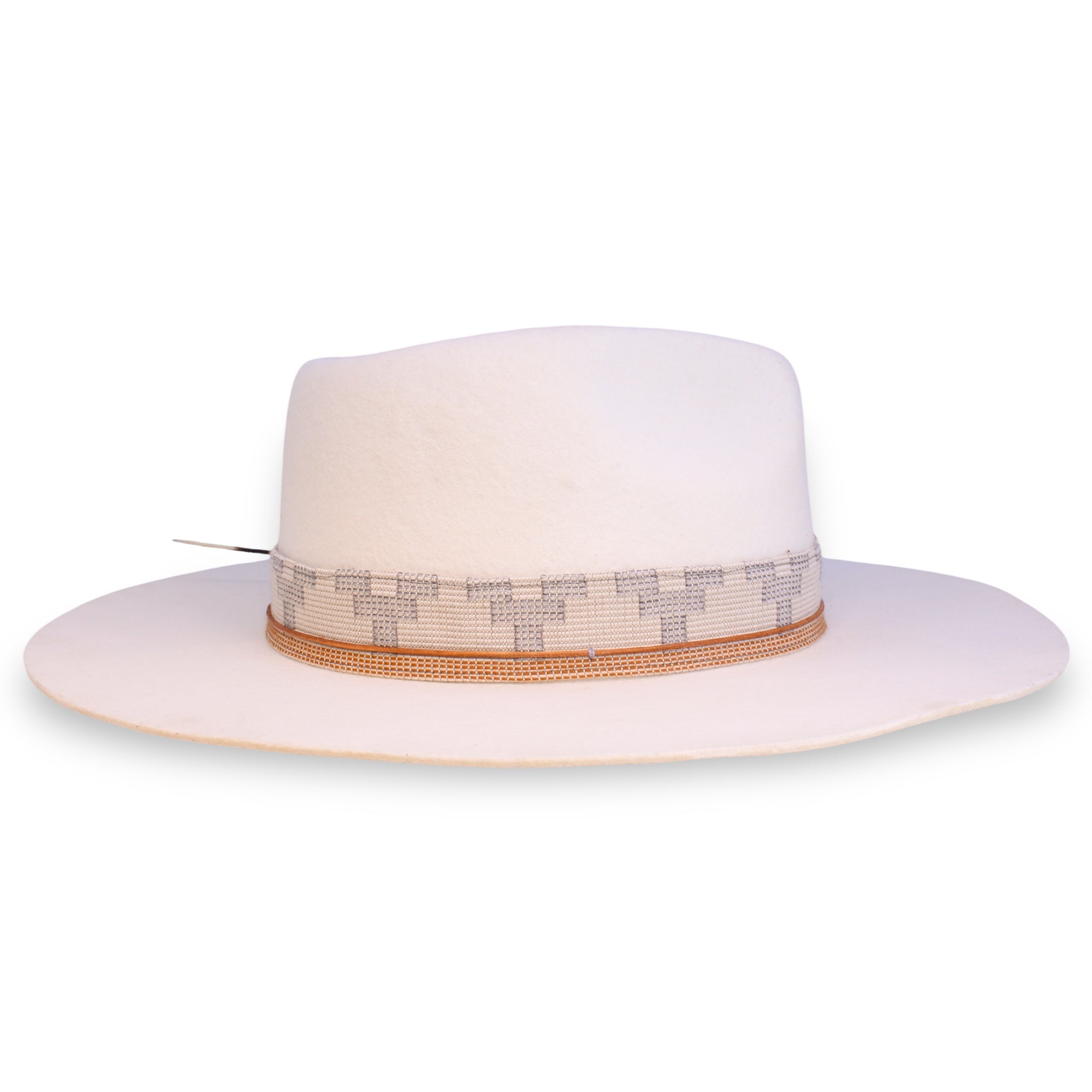 Opposing side view of the white felt hat with a flat brim and subtle accents.