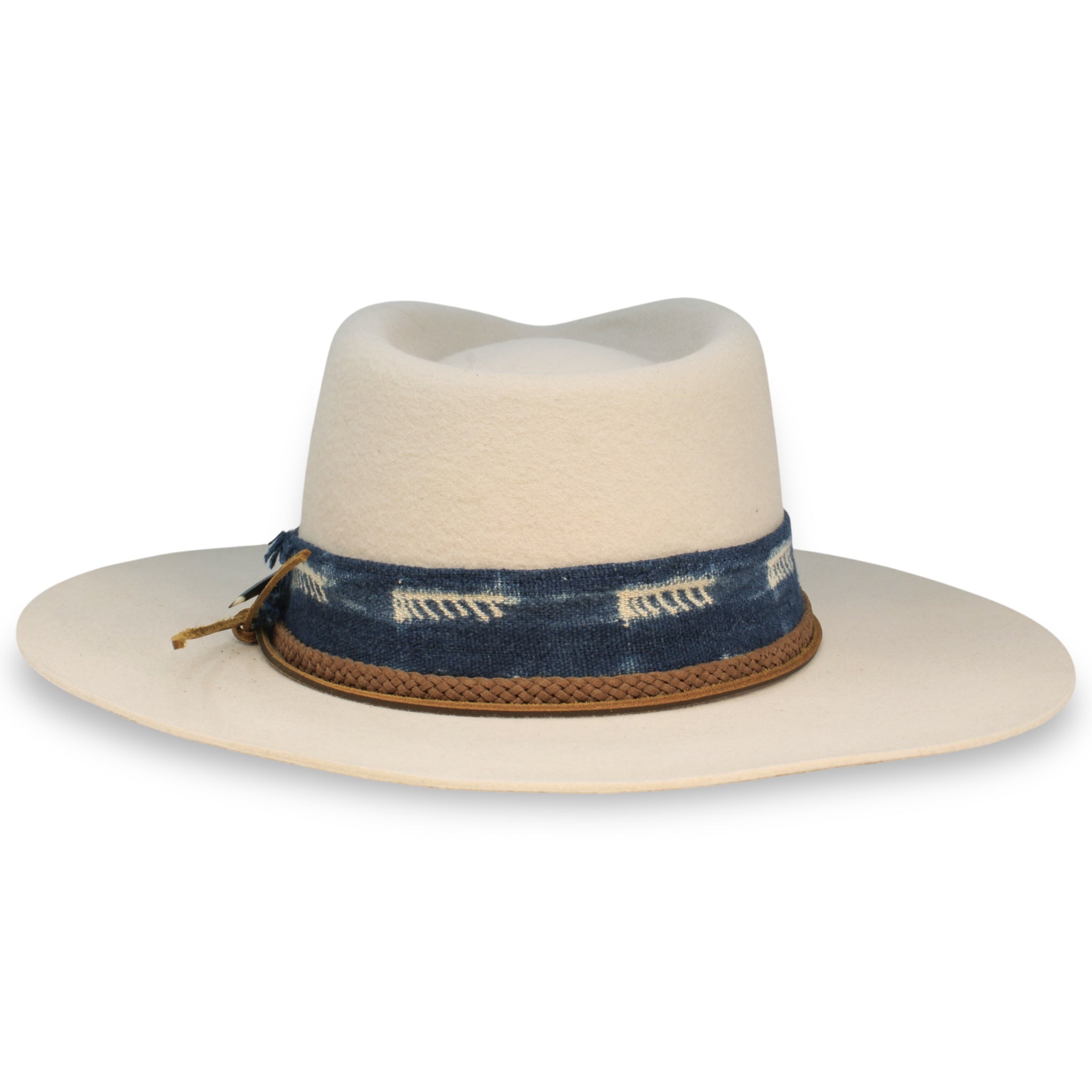 Back view of a white fedora with a wide brim and blue and brown accessories.