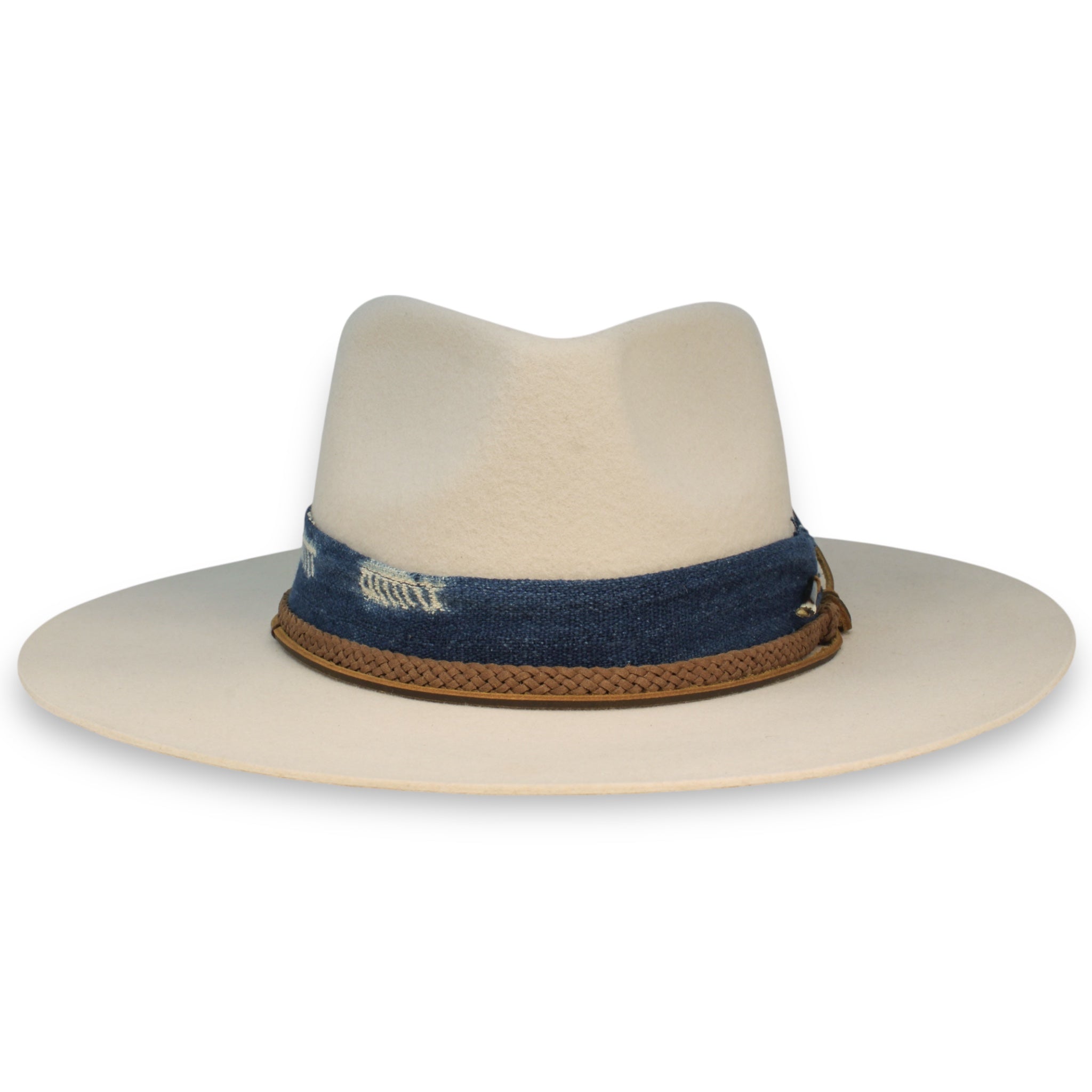 Front view of a wide pinch white fedora with a blue and white textile band and a braided cord hat band.