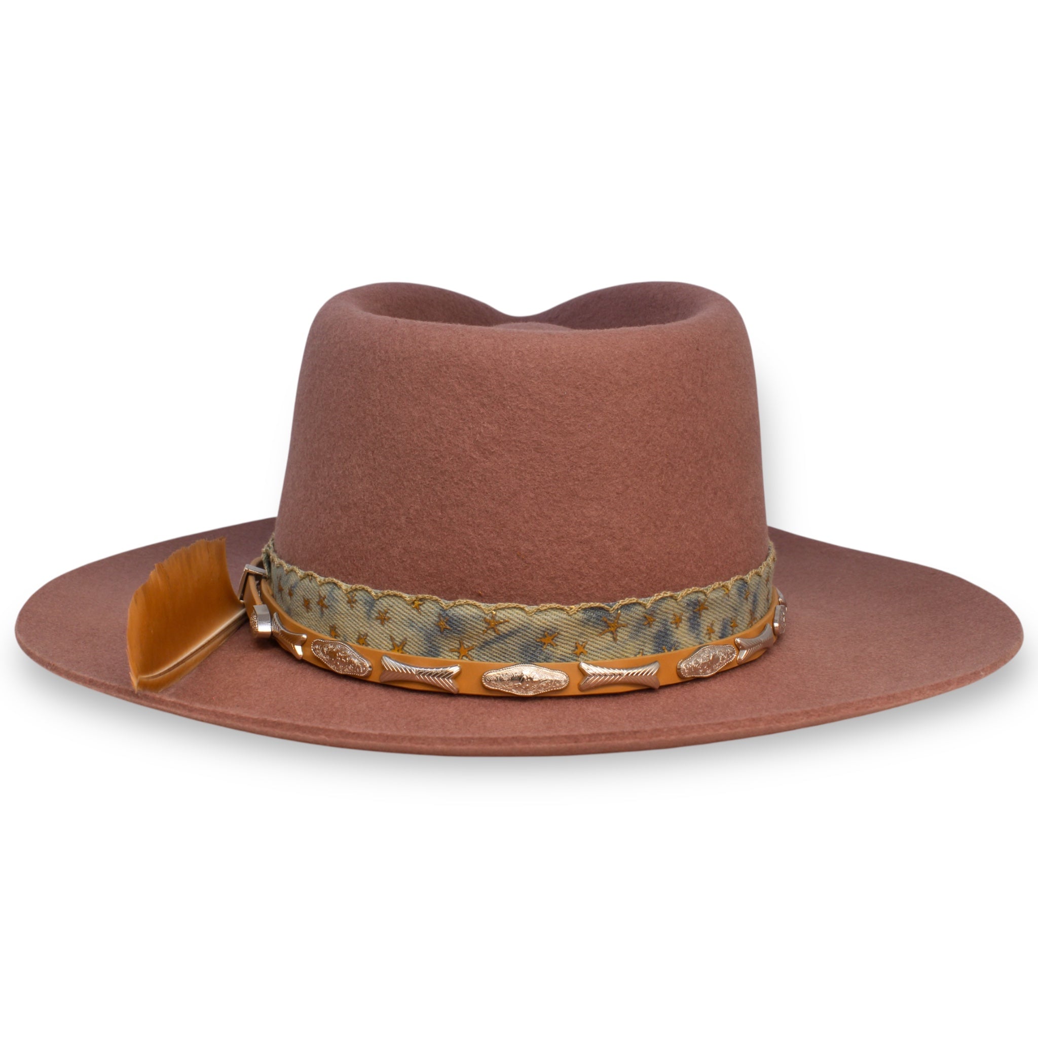A red clay colored hat from the back with a leather band featuring silver accents.