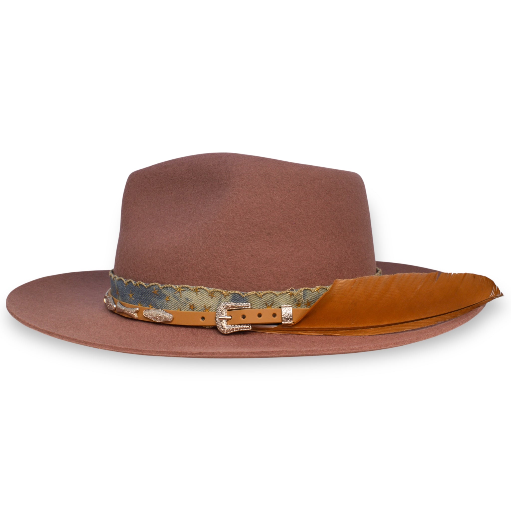 A brown-red custom hat from the side view featuring a large orange-red feather, a leather belt band, and ribbon.