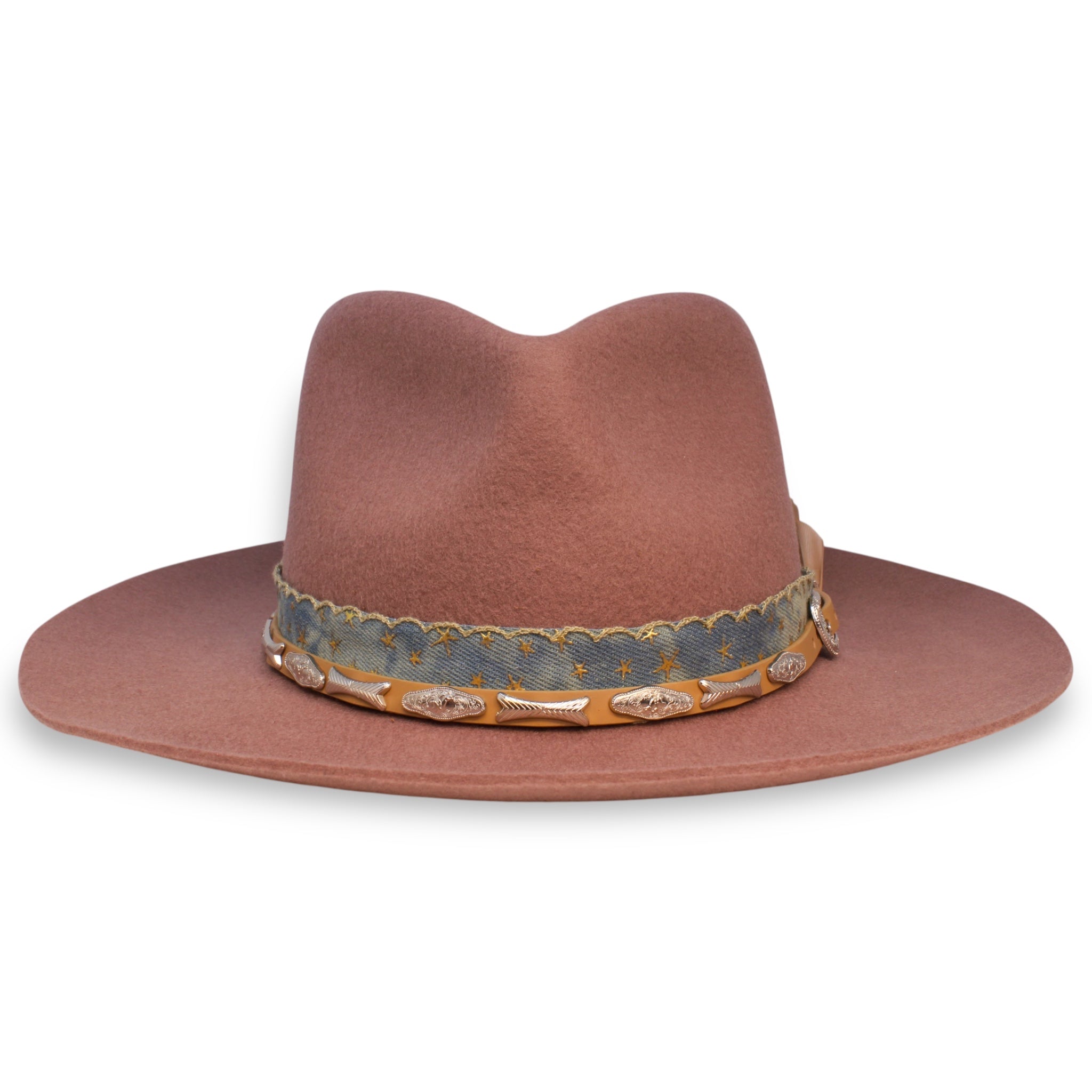 Front view of a wine colored hat with ribbon that has stars on it and a leather band with silver accessories.