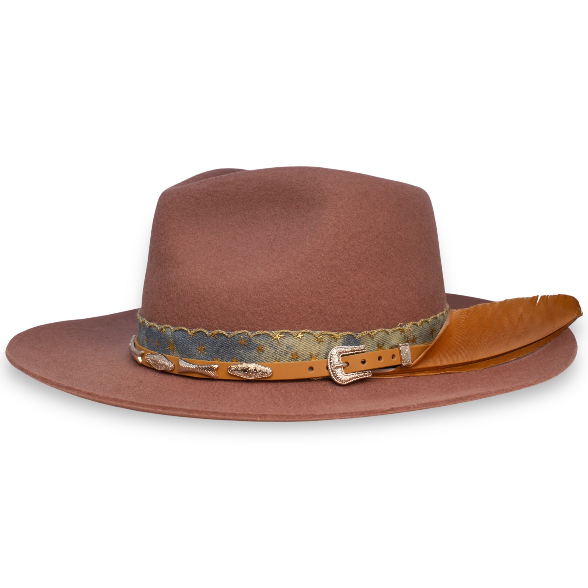 A muted wine colored fedora with a lifted brim accessorized with a leather hat band, star ribbon, and a large feather created by House of Hatters.
