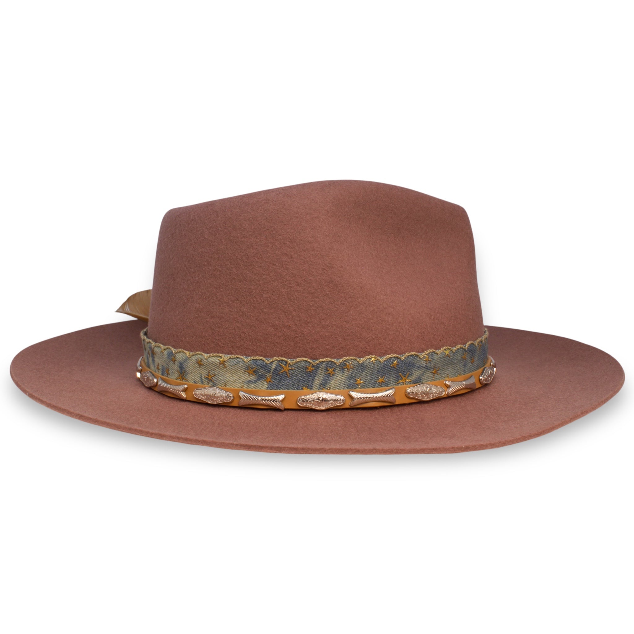 The opposite side profile of a muted wine color hat with blue ribbon that has stars on it.